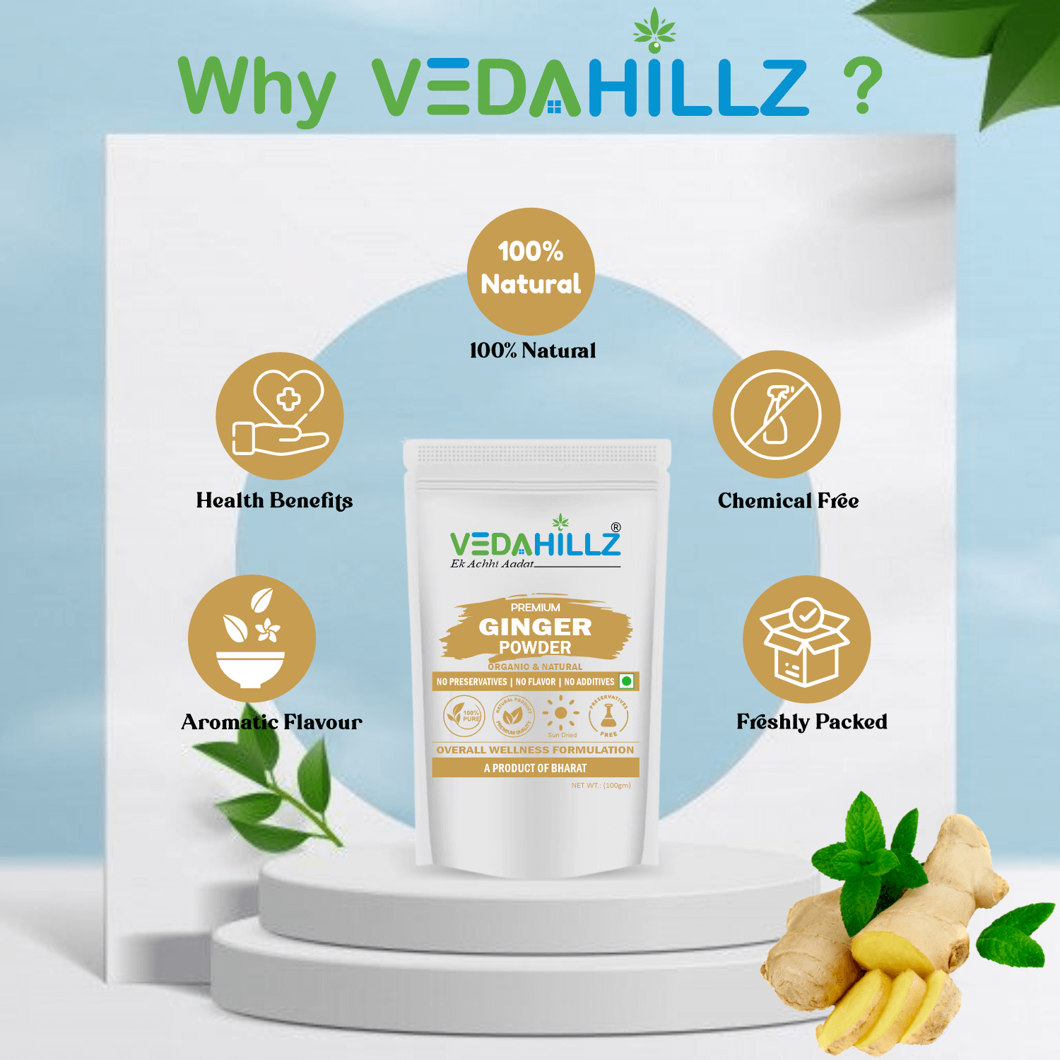 Vedahillz Ginger Root Powder for Cooking and Health Made from Selected Fresh Ginger